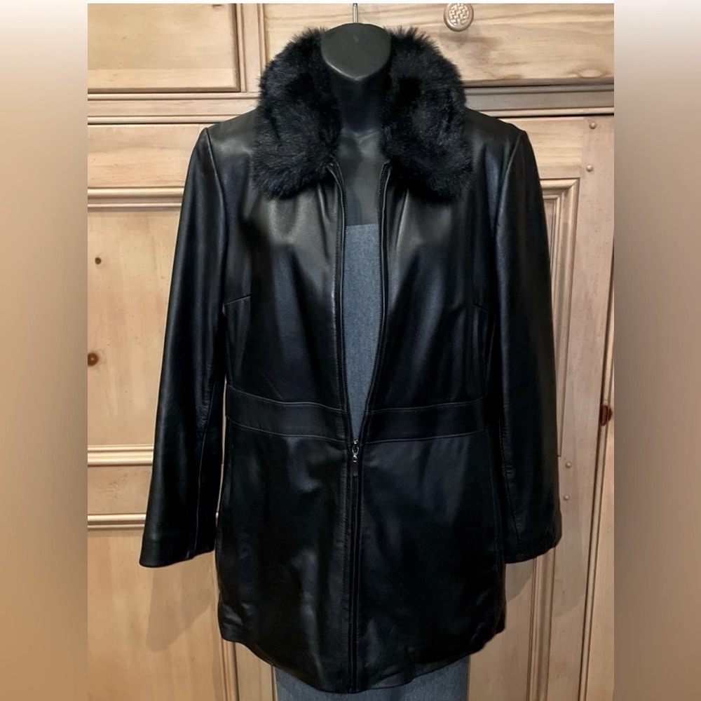Marvin Richards Small Black Faux Fur Lined Collar Genuine Leather Coat Jacket